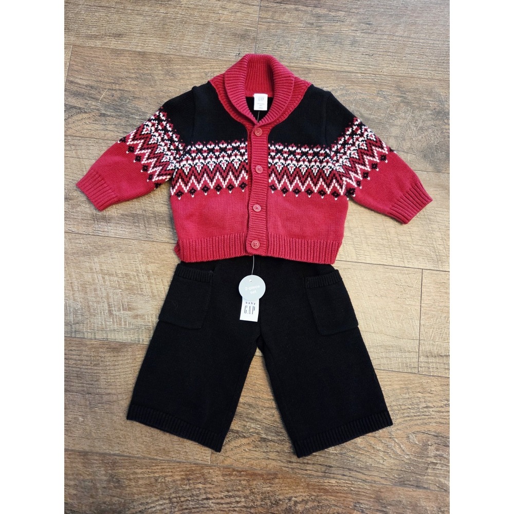 Baby Gap Fair Isle Shawl Collar Cardigan Set Red Black 3-6 Months Sweater Pants